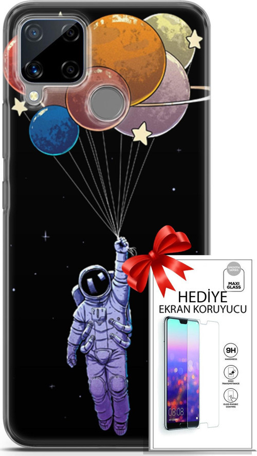 Realme C15 Kılıf Orijinal Seri Algorand 07 Uçan Balon Astronot Desenli Kılıf + Ön Ekran Koruyucu