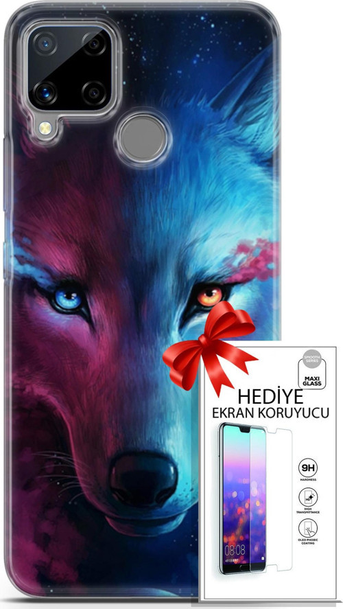 Realme C15 Kılıf Orijinal Seri Cardano 18 Mavi Turuncu Göz Parlak Kılıf + Ekran Koruyucu Full Koruma