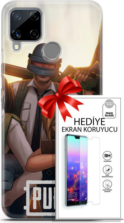 Realme C15 Kılıf Orijinal Seri Pubg 30 Çizgisel Kenarları Şeffaf Kapak Ve Ekran Koruyucu