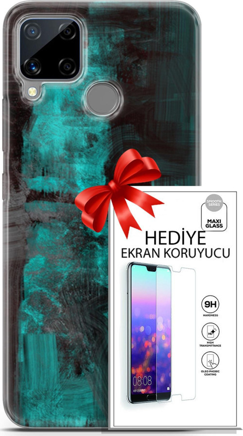 Realme C15 Kılıf Orijinal Seri Nature 11 Yeşil Siyah 4K Baskılı Kılıf + Ekran Koruyucu Full Koruma