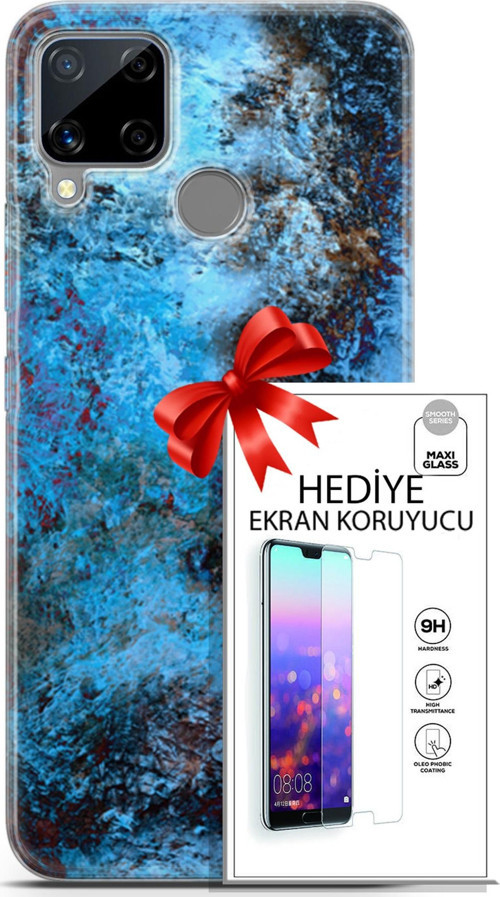 Realme C15 Kılıf Orijinal Seri Nature 27 Rengarenk Lazer Kesim Silikon Ekran Koruyucu