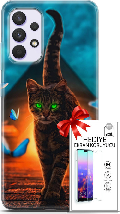 Samsung Galaxy A32 4G Kılıf Orijinal Seri Algorand 09 Yeşil Neon Kedi Uv Kılıf Ve Ekran Koruyucu