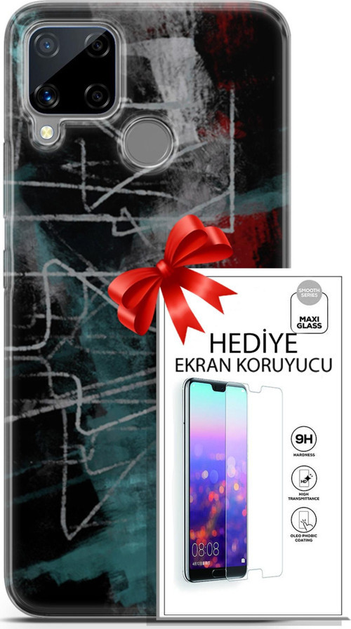 Realme C15 Kılıf Orijinal Seri Nature 07 Gri Çizgiler Desenli Kılıf + Ön Ekran Koruyucu