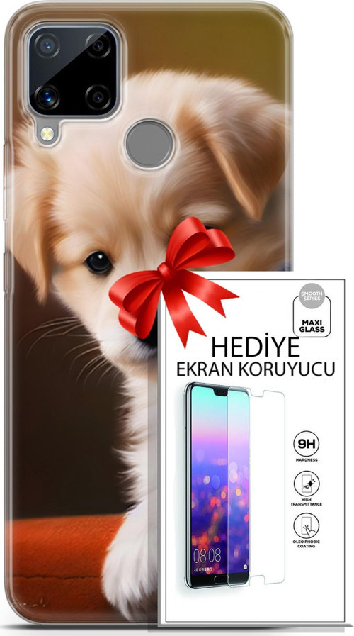 Realme C15 Kılıf Orijinal Seri Dogs 15 Kaniş Yavru Kalın Silikon + Ekran Koruyucu