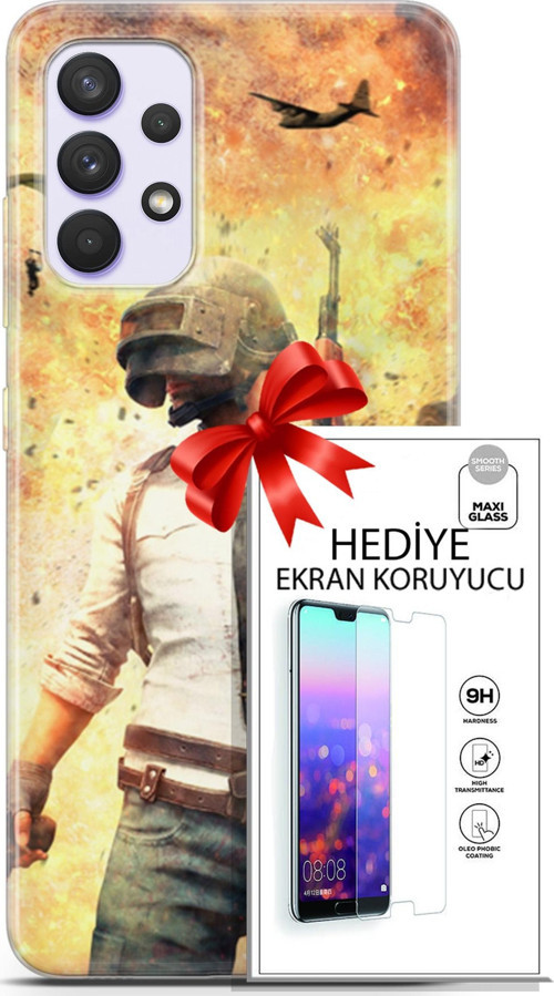 Samsung Galaxy A32 4G Kılıf Orijinal Seri Pubg 29 Uçak Paraşüt Leke Tutmaz Kapak + Ekran Koruyucu