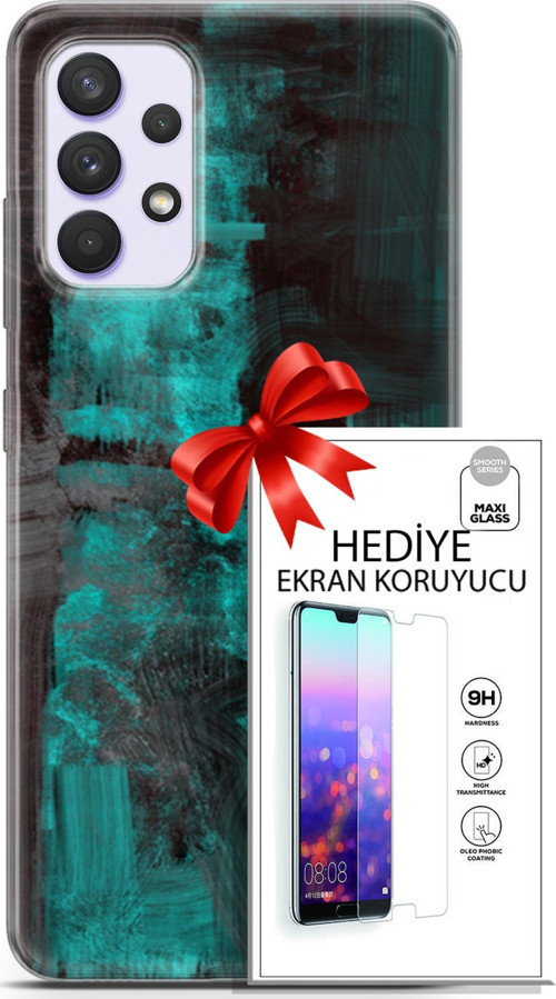 Samsung Galaxy A32 4G Kılıf Orijinal Seri Nature 11 Yeşil Siyah 4K Baskılı Kılıf + Ekran Koruyucu Fu
