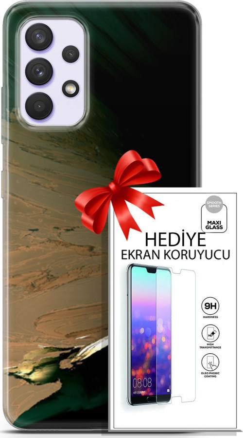 Samsung Galaxy A32 4G Kılıf Orijinal Seri Nature 02 Yeşil Sarı Kapak Ve Ekran Koruyucu