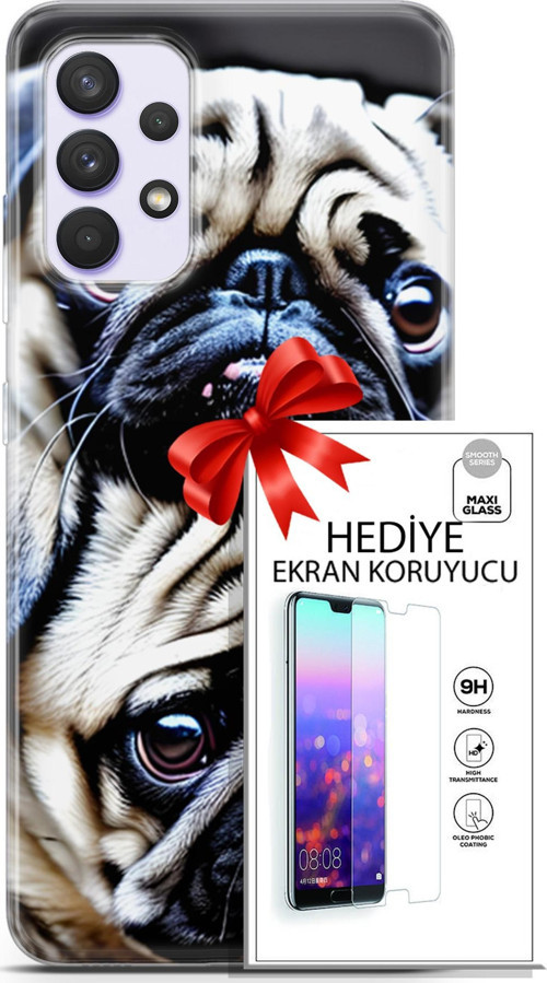 Samsung Galaxy A32 4G Kılıf Orijinal Seri Dogs 20 İkili Pug Renkli Kılıf Ekran Koruyucu