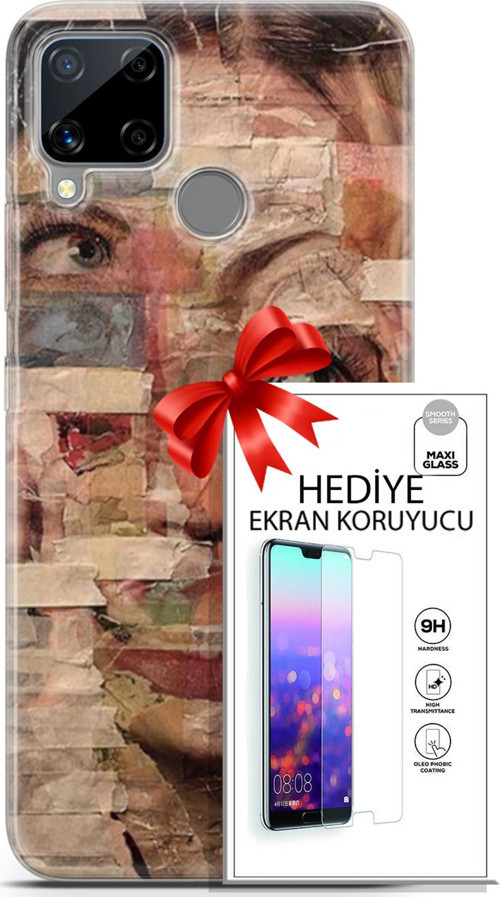 Realme C15 Kılıf Orijinal Seri Soul 20 Yüz Göz Renkli Kılıf Ekran Koruyucu