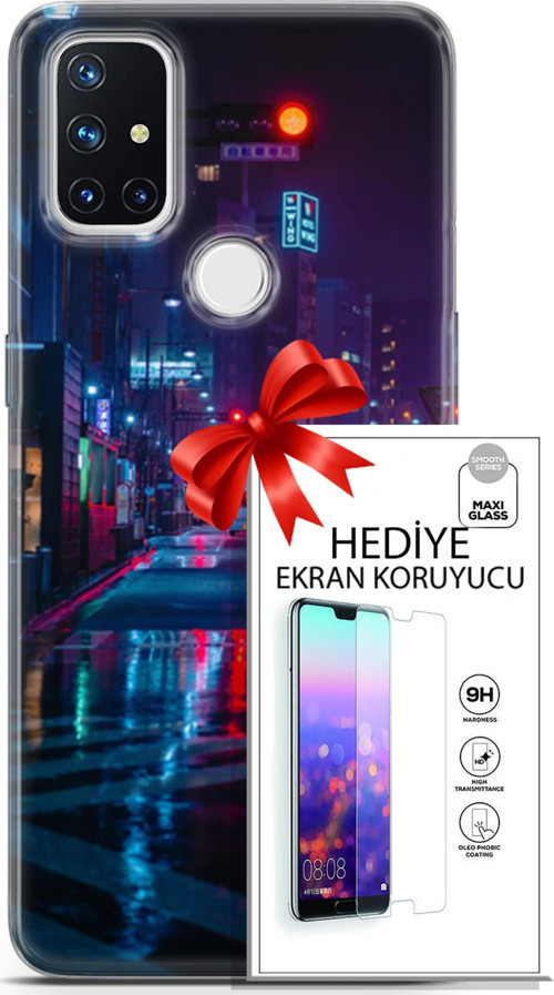 Oneplus Nord N10 5G Kılıf Orijinal Seri Cyberpunk 15 Neon Cadde Kalın Silikon + Ekran Koruyucu