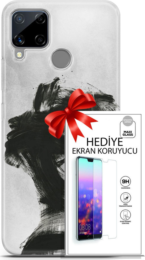 Realme C15 Kılıf Orijinal Seri Soul 05 Karakalem Koruma Kılıfı + Ekran Koruyucu