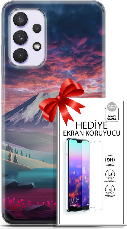 Samsung Galaxy A32 4G Kılıf Orijinal Seri Fantasy 14 Karlı Dağ Cover Kılıf + Ön Ekran Koruyucu