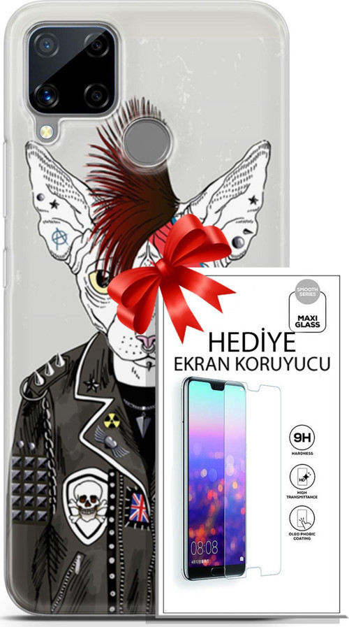 Realme C15 Kılıf Orijinal Seri Punky 06 Punk Kedi Sfenks Koruyucu Kapak Ekran Koruyucu
