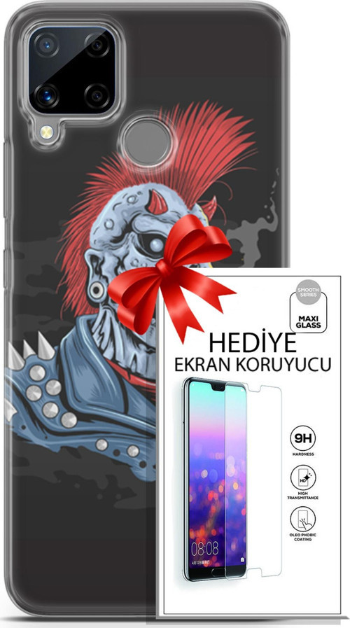 Realme C15 Kılıf Orijinal Seri Punky 04 Punk Skeleton Silikon Kılıf + Ekran Koruyucu Full Korumak