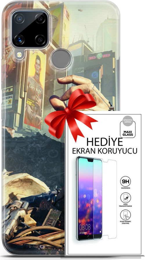 Realme C15 Kılıf Orijinal Seri Cyberpunk 20 El Renkli Kılıf Ekran Koruyucu