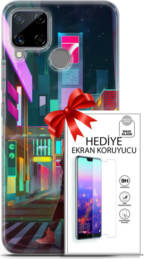 Realme C15 Kılıf Orijinal Seri Cyberpunk 05 Neon City Koruma Kılıfı + Ekran Koruyucu