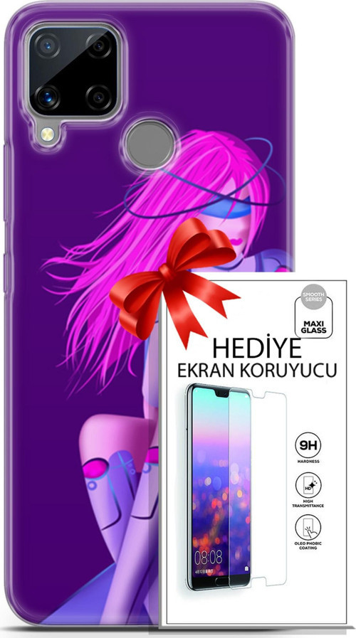 Realme C15 Kılıf Orijinal Seri Cyberpunk 02 Pembe Saçlı Kapak Ve Ekran Koruyucu