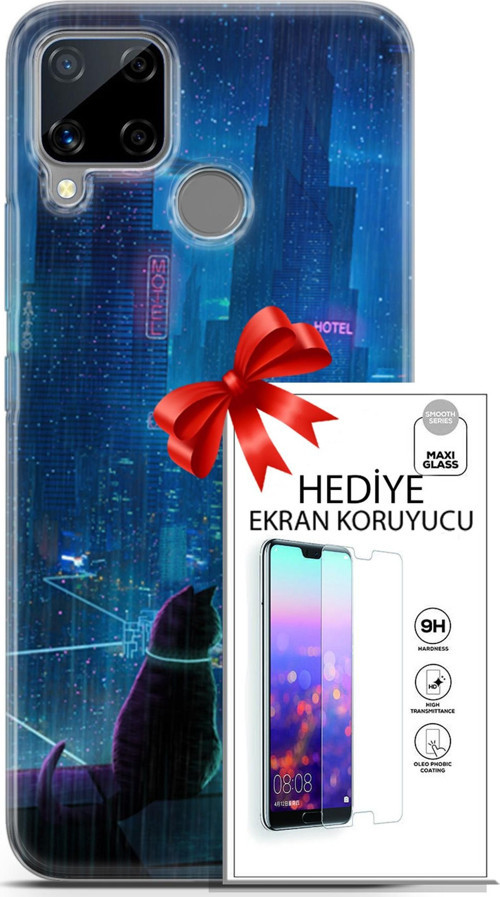 Realme C15 Kılıf Orijinal Seri Cyberpunk 16 Cyber Cat Hediyelik Kılıf Ve Ekran Koruyucu