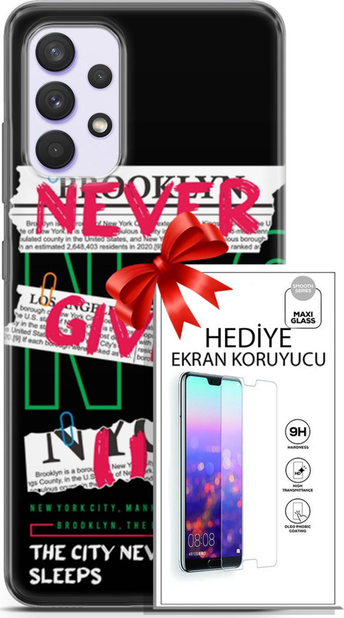 Samsung Galaxy A32 4G Kılıf Orijinal Seri Punky 21 Never Give Up Darbe Önleyici Kapak + Ön Ekran Koruyucu