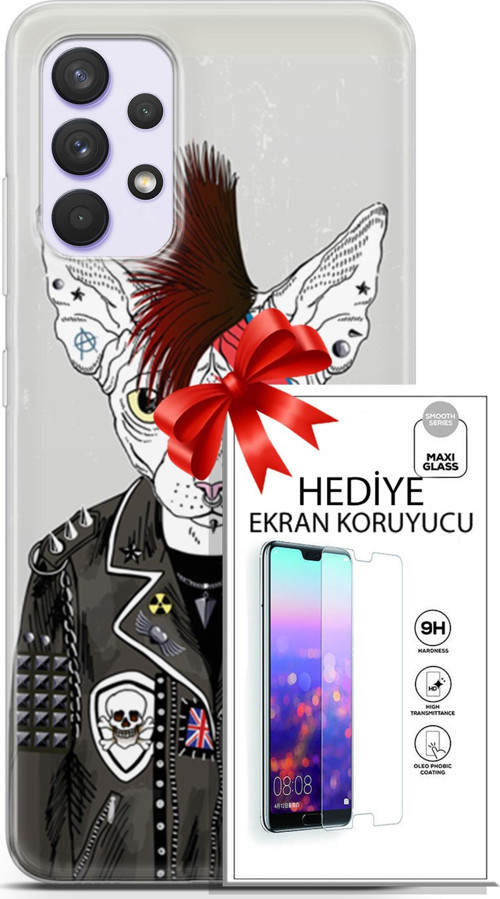 Samsung Galaxy A32 4G Kılıf Orijinal Seri Punky 06 Punk Kedi Sfenks Koruyucu Kapak Ekran Koruyucu