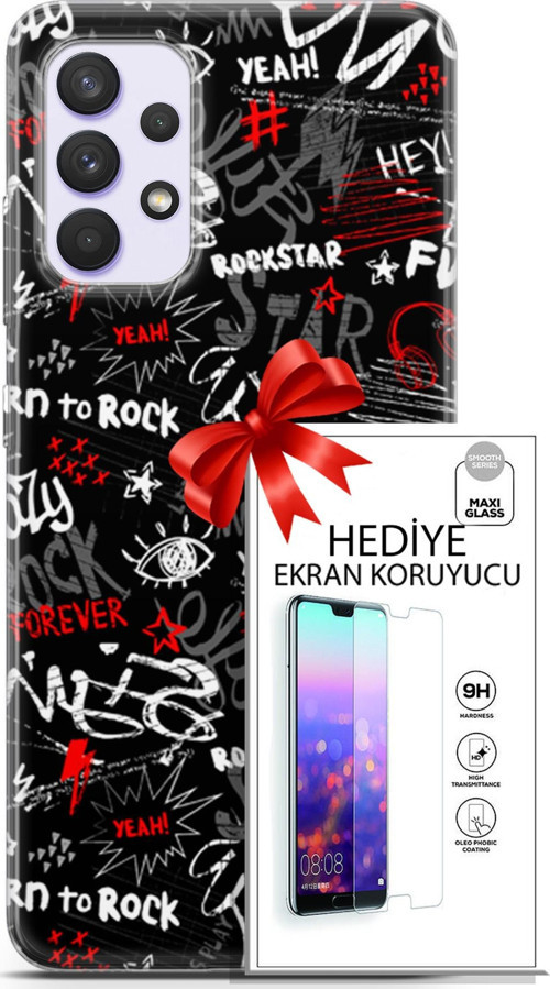 Samsung Galaxy A32 4G Kılıf Orijinal Seri Punky 25 Yeah Rock Soyulmayan Kılıf + Ekran Koruyucu Full