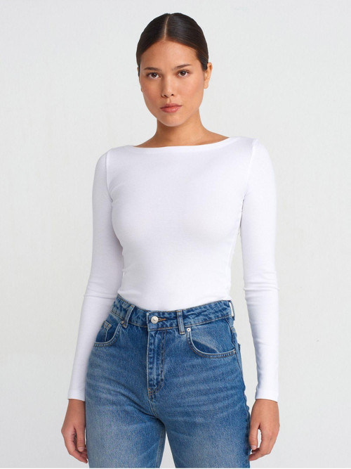 Kadın Kayık Yaka Uzun Kollu Top Beyaz T-shirt - 31332