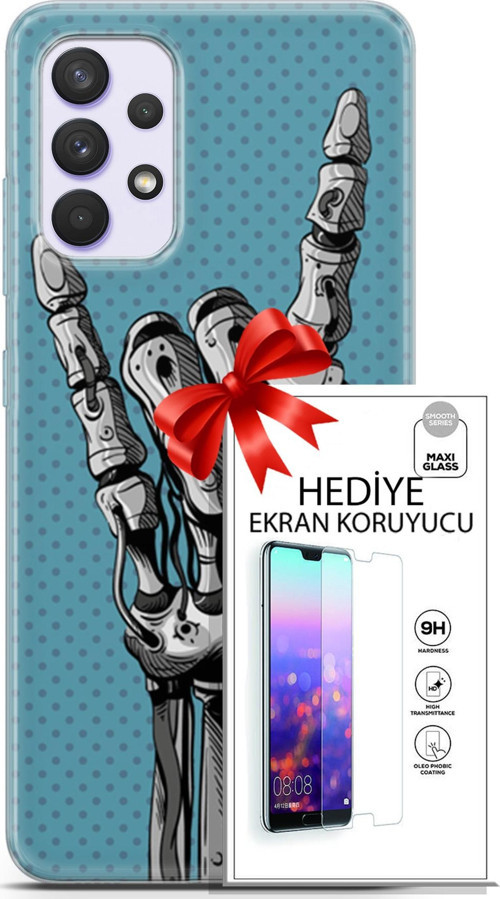 Samsung Galaxy A32 4G Kılıf Orijinal Seri Cyberpunk 07 Robot Eli Desenli Kılıf + Ön Ekran Koruyucu