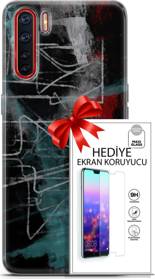 Oppo A91 Kılıf Orijinal Seri Nature 07 Gri Çizgiler Desenli Kılıf + Ön Ekran Koruyucu