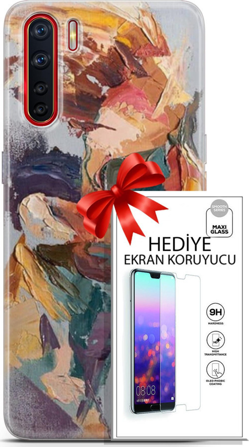 Oppo A91 Kılıf Orijinal Seri Soul 04 Soyut Silikon Kılıf + Ekran Koruyucu Full Korumaketi