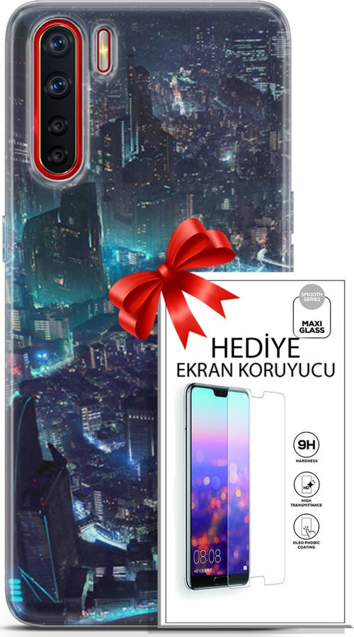 Oppo A91 Kılıf Orijinal Seri Cyberpunk 17 Işıklı Şehir Yumuşak Kılıf + Ekran Koruyucu