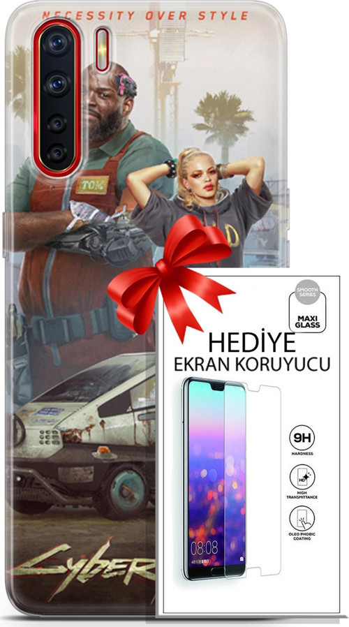 Oppo A91 Kılıf Orijinal Seri Cyberpunk 21 2077 Darbe Önleyici Kapak + Ön Ekran Koruyucu