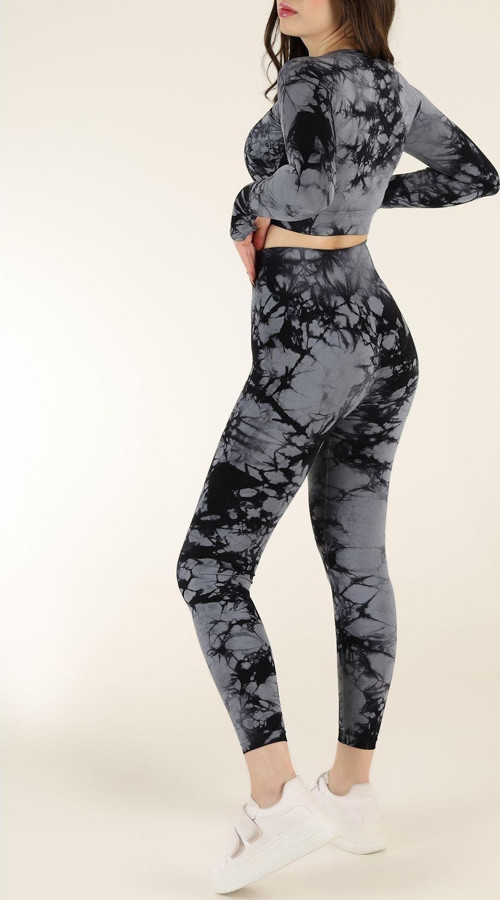 Dikişsiz Push-up Toparlayıcı Batik Desen Spor Tayt Takımı Gri S-M
