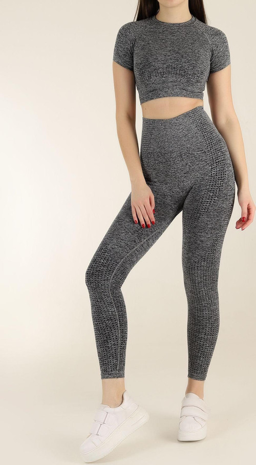 Kısa Kol Melanj Spor Tayt Takımı Gri S-M