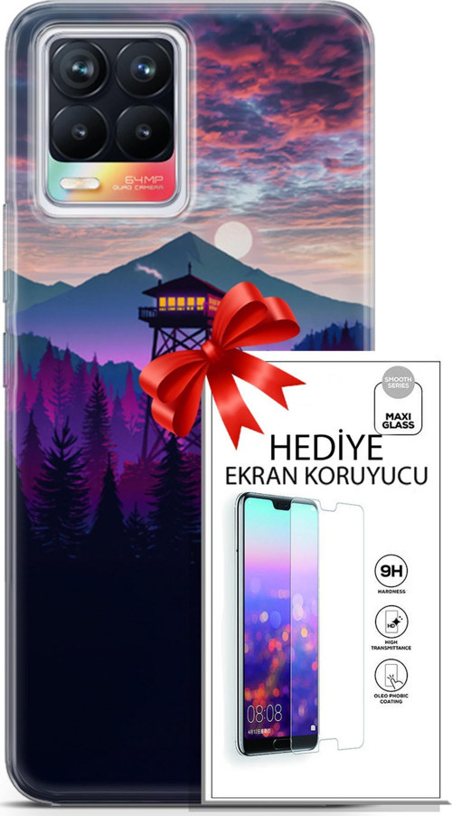 Realme 8 Kılıf Orijinal Seri Fantasy 17 Orman Kule Yumuşak Kılıf + Ekran Koruyucu