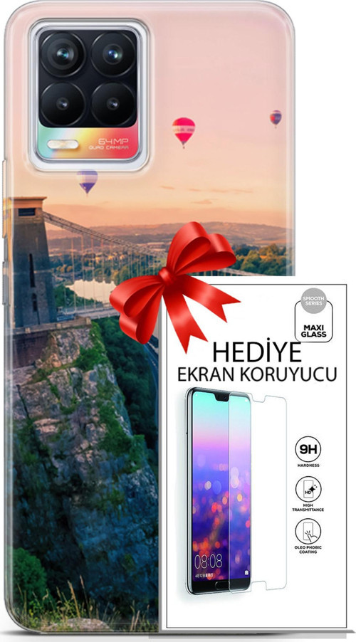 Realme 8 Kılıf Orijinal Seri Fantasy 07 Köprü Balonlar Desenli Kılıf + Ön Ekran Koruyucu