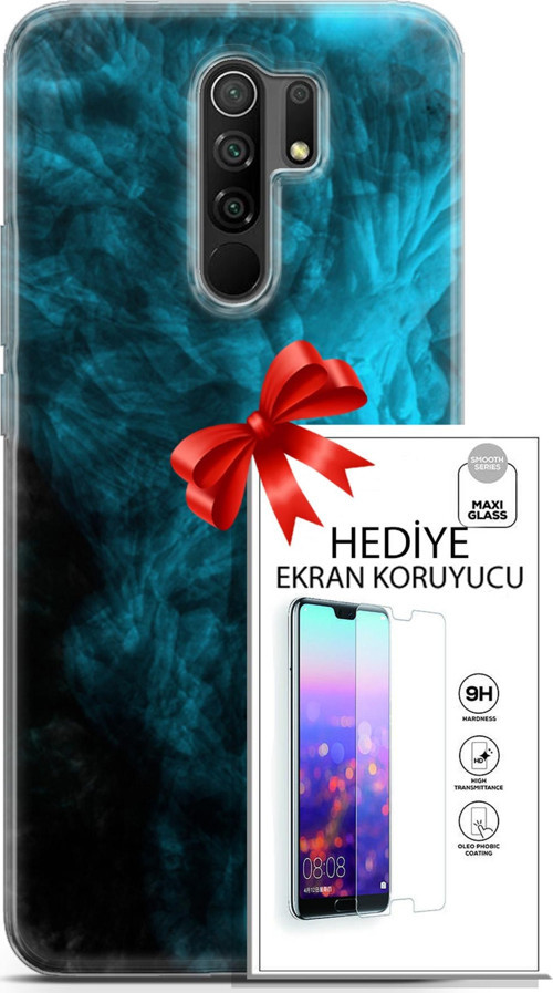 Xiaomi Redmi 9 Kılıf Orijinal Seri Nature 15 Mavi Taşlar Kalın Silikon + Ekran Koruyucu