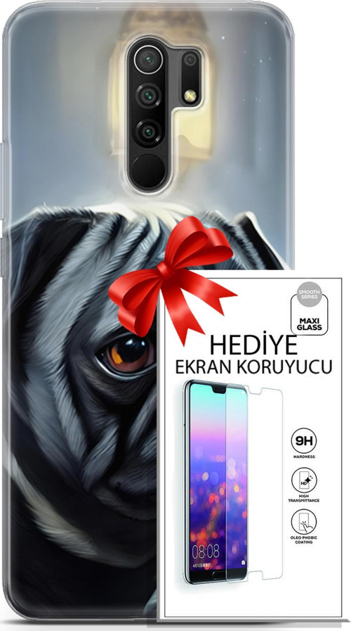 Xiaomi Redmi 9 Kılıf Orijinal Seri Dogs 30 Pug Kenarları Şeffaf Kapak Ve Ekran Koruyucu