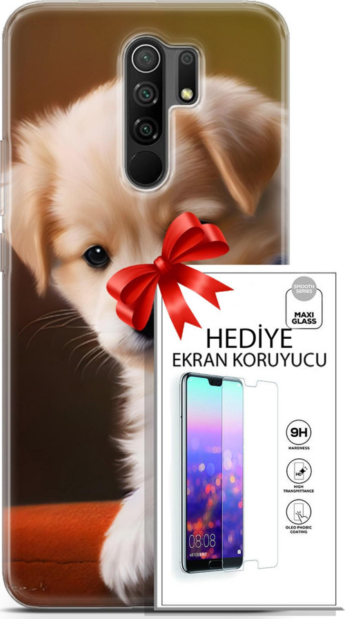 Xiaomi Redmi 9 Kılıf Orijinal Seri Dogs 15 Kaniş Yavru Kalın Silikon + Ekran Koruyucu
