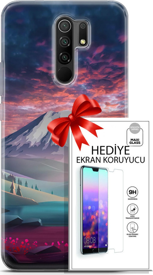 Xiaomi Redmi 9 Kılıf Orijinal Seri Fantasy 14 Karlı Dağ Cover Kılıf + Ön Ekran Koruyucu