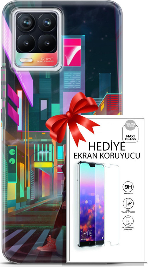 Realme 8 Kılıf Orijinal Seri Cyberpunk 05 Neon City Koruma Kılıfı + Ekran Koruyucu