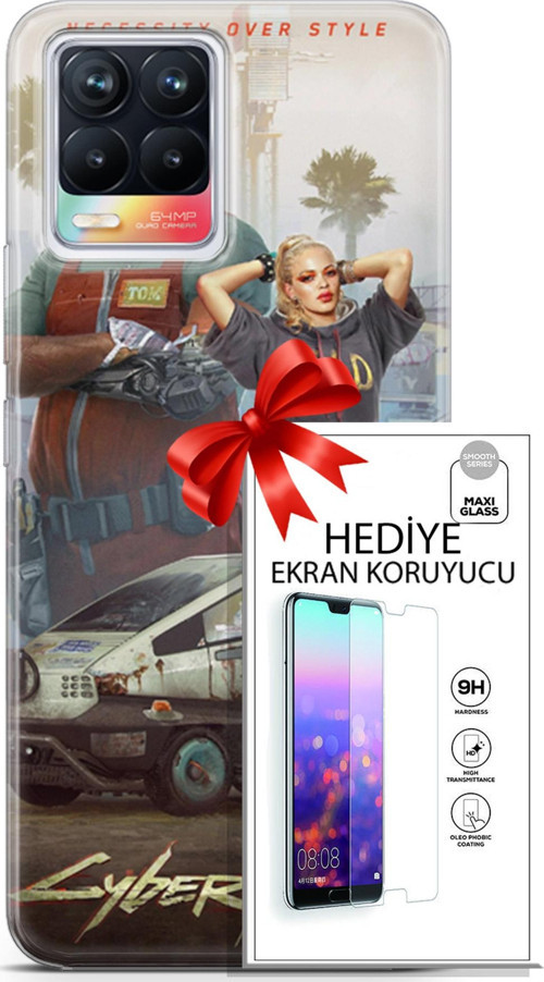 Realme 8 Kılıf Orijinal Seri Cyberpunk 21 2077 Darbe Önleyici Kapak + Ön Ekran Koruyucu