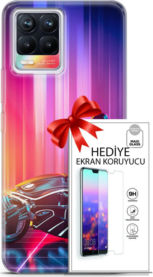 Realme 8 Kılıf Orijinal Seri Cyberpunk 08 Punk Motorsiklet Baskılı Kılıf + Ekran Koruyucu