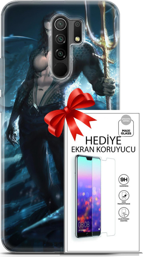 Xiaomi Redmi 9 Kılıf Orijinal Seri Dc 27 Aquaman Lazer Kesim Silikon Ekran Koruyucu
