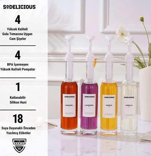 4'lü Set | 250ml Pompalı Cam Şurup Şişesi- Kahve , 18 Çeşit Beyaz Etiket + Silikon Huni Hediyeli
