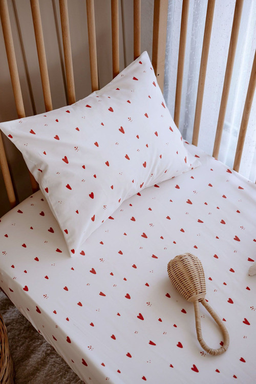 Anne Yanı Beşik Lastikli Çarşaf Seti (55X95) | Red Hearts Ekru 55x95 cm