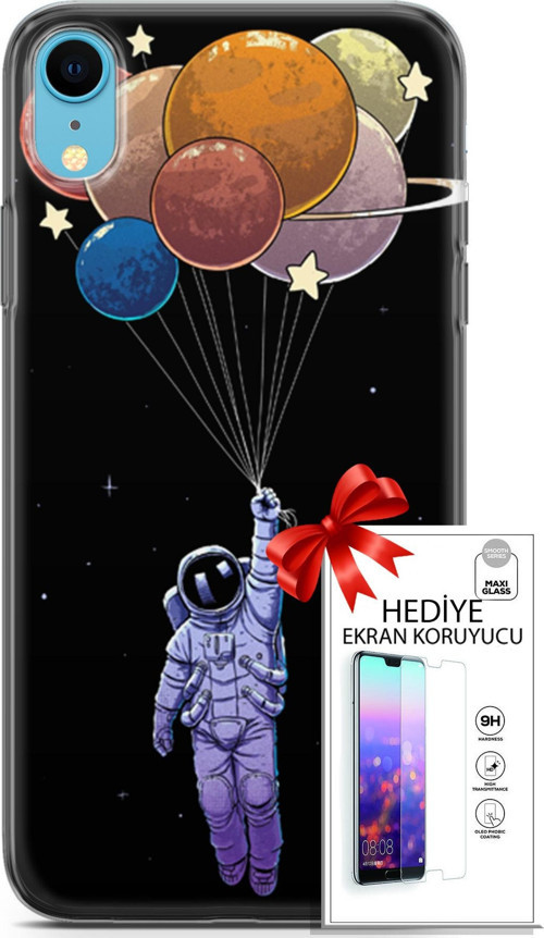 Apple İphone Xr Kılıf Orijinal Seri Algorand 07 Uçan Balon Astronot Desenli Kılıf + Ön Ekran Koruyucu