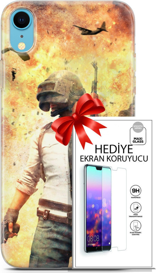 Apple İphone Xr Kılıf Orijinal Seri Pubg 29 Uçak Paraşüt Leke Tutmaz Kapak + Ekran Koruyucu
