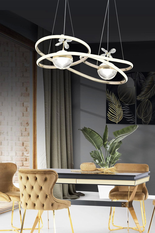 Yeni Nesil Kıvrımlı İki Toplu Üç Renkli Gold Yemek Odası Led Avize