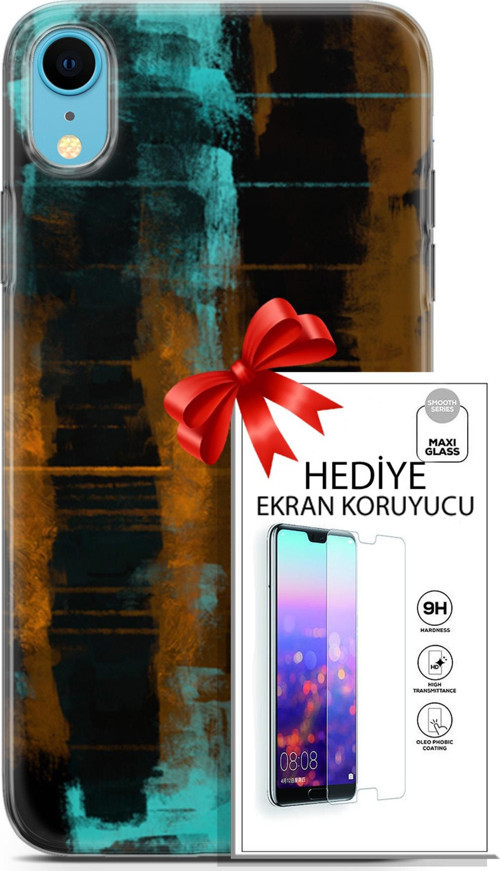 Apple İphone Xr Kılıf Orijinal Seri Nature 05 Turkuaz Siyah Koruma Kılıfı + Ekran Koruyucu