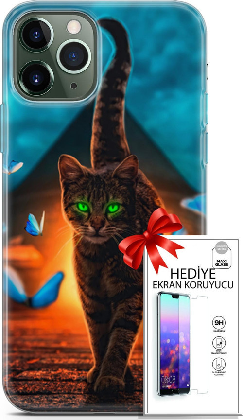 Apple İphone 11 Pro Max Kılıf Orijinal Seri Algorand 09 Yeşil Neon Kedi Uv Kılıf Ve Ekran Koruyucu